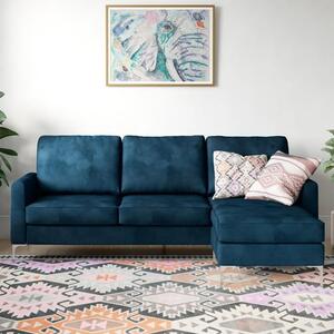 Cherokee Velvet Corner Sofa With Chrome Legs In Blue