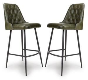 Basel Green Genuine Buffalo Leather Bar Chairs In Pair