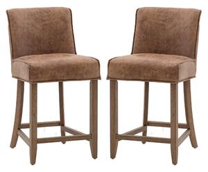 Worland Brown Leather Bar Chairs With Wooden Legs In Pair