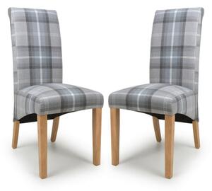 Kaduna Check Grey Fabric Dining Chairs With Oak Legs In Pair