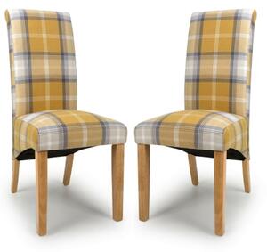 Kaduna Check Yellow Fabric Dining Chairs With Oak Legs In Pair