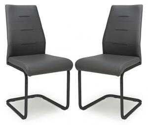 Carlton Dark Grey Leather Dining Chairs With Black Legs In Pair