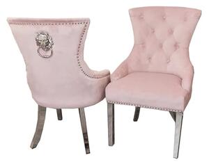 Melvin Lion Knocker Pink Velvet Dining Chairs In Pair