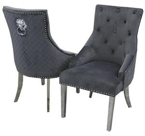 Benton Lion Knocker Dark Grey Velvet Dining Chairs In Pair