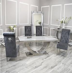 Avon White Glass Dining Table With 4 Elmira Dark Grey Chairs