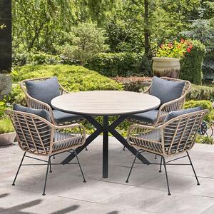 Ezra Light Teak Dining Table Small Round 4 Mystic Grey Chairs