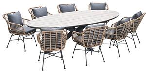 Ezra Light Teak Dining Table Large Oval 8 Mystic Grey Chairs