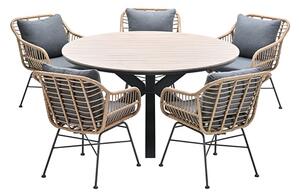 Ezra Light Teak Dining Table Large Round 6 Mystic Grey Chairs