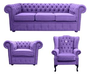 Chesterfield Original 3 Seater + Club Chair + Mallory Chair Verity Purple Fabric Sofa Suite