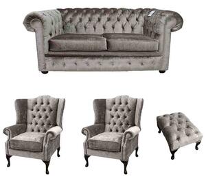 Chesterfield 2 Seater + 2 x Mallory Chair + Footstool Verity Silver Fabric Sofa Suite