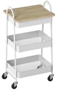 HOMCOM 3-Tier Kitchen Storage Trolley with on Wheels Cover Top Board - White and Oak