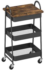 HOMCOM 3-Tier Kitchen Storage Trolley with on Wheels Cover Top Board - Rustic Brown and Black