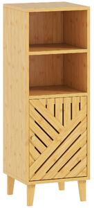 HOMCOM Slim Bathroom Cabinet with Bamboo Door and Legs, Narrow Bathroom Storage Cabinet, Freestanding Storage Cupboard with Open Compartments, 32 x 30 x 90 cm, Natural Wood Finish