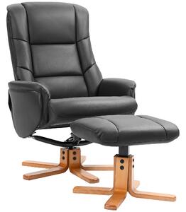 HOMCOM Rocking Recliner Chair with Footstool, PU Leather Recliner Armchair with Wood Base, Upholstered Reclining Chair for Living Room Bedroom, Black