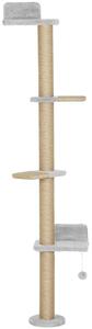 PawHut Wall Mounted Cat Shelves, Cat Climbing Wall with 4 Climbing Platforms, Jute Scratching Post and Toy Ball,180cm Tall, Light Grey