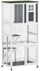 PawHut Wooden Catio Cat Outdoor Enclosure, Cat Cage with Waterproof Roof, Platforms, for Multiple Cats, White