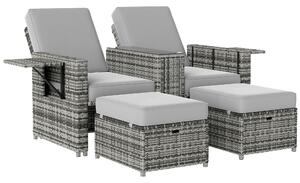 Outsunny Rattan Sun Lounger w/ Storage Tea Table & Footstools, Grey