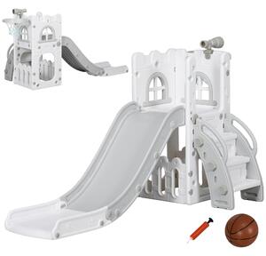 AIYAPLAY 4 in 1 Toddler Slide with Basketball Hoop, Climber, Telescope, Storage Basket, for Ages 1-3 Years, Grey