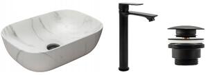 Set Countertop washbasin Belinda marble matt + Bathroom faucet Mayson black matt + Plug uniwersalny black matt