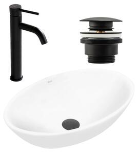 Set Countertop washbasin Pamela white + Bathroom faucet Lungo black matt + Plug uniwersalny black matt