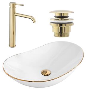 Set Countertop washbasin Royal gold edge + Bathroom faucet Lungo gold + Plug uniwersalny gold