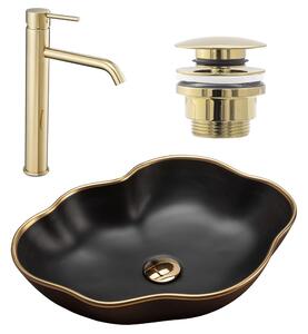 Set Countertop washbasin Pearl black matt gold edge + Bathroom faucet Lungo gold + Plug gold