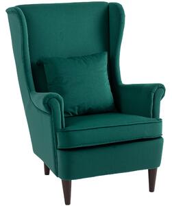 HOMCOM Modern Accent Chair, Upholstered Wingback Armchair with High Backrest and Pillow, Velvet-Feel Fabric Reading Chair with Solid Wood Legs for Living Room, Bedroom, Home Office, Dark Green