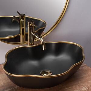 Set Countertop washbasin Pearl black matt gold edge + Bathroom faucet Lungo gold + Plug gold