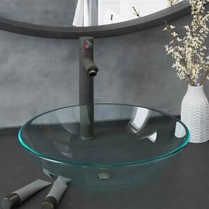 Tacoma Round Countertop Basin 420mm Wide With Grey Tap And Waste - Clear Glass