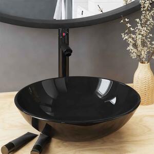 Tacoma Round Countertop Basin 420mm Wide With Black Tap And Waste - Black Glass