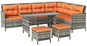 Outsunny 7-Seater Patio wicker Sofa Set Rattan Chair Furniture w/ Glass & Cushioned, Orange