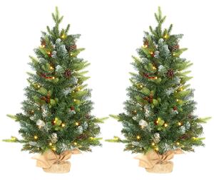 HOMCOM 2 Pieces 3ft Small Christmas Tree With Lights and 291 Tips, Concrete Base, Tabletop Xmas Tree w/ Pine Cones and Red Berries, Green Aosom UK