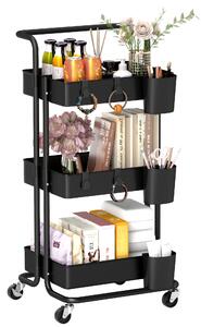 HOMCOM 3 Tier Utility Rolling Cart, Kitchen Cart with 3 Removable Mesh Baskets, 3 Hanging Box, 4 Hooks & Dividers for Living Room, Black Aosom UK