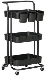 HOMCOM 3 Tier Utility Rolling Cart, Kitchen Cart with 3 Removable Mesh Baskets, 3 Hanging Box, 4 Hooks and Dividers for Living Room, Laundry Black
