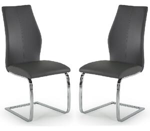 Bernie Grey Leather Dining Chairs With Chrome Legs In Pair