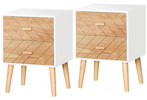 HOMCOM 2 Drawers Bedside Table with Pine Legs, Bedroom Wooden Storage Cabinet, Set of 2, Natural