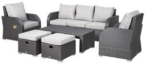 Outsunny 7-Seater Rattan Garden Furniture w/ Coffee Table Footstool Space-saving Patio Wicker Weave Reclining Chair Set, Light Grey