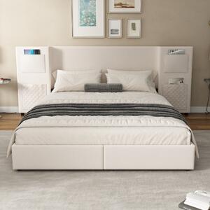 Upholstered Double Bed with Storage Drawers and Headboard Pockets, Bed Frame with Velvet and Plywood, 229L x 222.5W x 87.5H cm, Beige Aosom UK