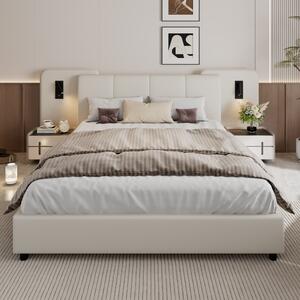 Upholstered Double Bed with Charging Port and Lighting, Headboard with Impact-Resistant Sponge Padding, 209L x 221W x 86.5H cm, Beige Aosom UK
