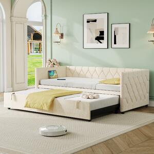 Upholstered Daybed with Charging Station, USB and Type-C Ports, Button-tufted Sofa Bed Ideal for Compact Room, 206L x 193W x 71H cm, Beige Aosom UK