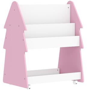 AIYAPLAY Kids Bookshelf with Toy Storage, Double-Sided Bookcase with Wheels, 3 Tier Kids Book Rack for Bedroom, Pink