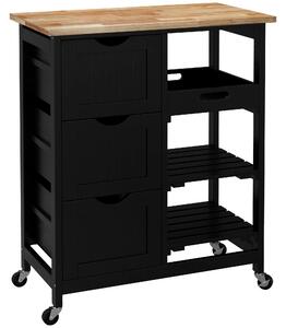 HOMCOM Rolling Kitchen Island Cart, Bar Serving Cart, Compact Trolley on Wheels with Wood Top, Shelves & Drawers for Home Dining Area, Black