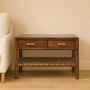 Solid Mango Wood Regency Console Table, 85cm Woven 4-Drawer Hall Unit, Easy Organisation for Bedroom, Brown Aosom UK