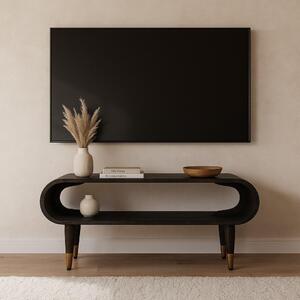 Curved-Edge Solid Mango Wood Media Unit with Brass Accents, Open Slot, Hand-finished Table with Tapered Legs, 35L x 90W x 42H cm, Brown Aosom UK