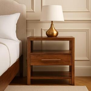 Caldera Solid Mango Wood Bedside Table with Drawer and Shelf, Bedside Cabinet with Hand-finished Design, 35L x 55W x 55H cm, Brown Aosom UK