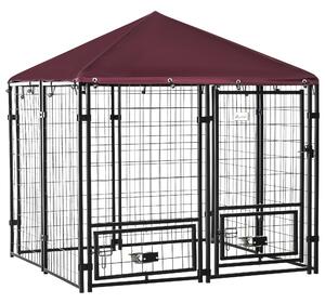 PawHut Outdoor Dog Kennel with Rotating Bowl Holders, Water and UV-Resistant Cover for Medium & Small Dogs, Red