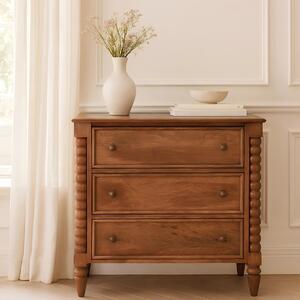 Solid Mango Wood Spindle Chest with 3 Drawers and Turned Spindle Legs, Bedside Cabinet with Ample Storage, 35L x 80W x 80H cm, Brown Aosom UK
