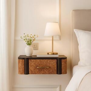 Handcrafted Solid Wood Wall-Mounted Bedside Drawer with Spacious Drawer, Bedside Table with Bronze Metal Accent, 32L x 50W x 18H cm, Brown Aosom UK