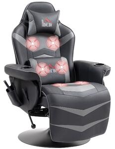 HOMCOM Massage Recliner Chair with Remote, PU Leather Recliner Armchair with Cup Holders and Side Pockets, Racing Style Reclining Chair with Headrest, 360° Swivel, Lumbar Support, Grey