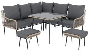 Outsunny 6 Piece Garden Furniture Set, Garden Corner Sofa Set with Thickened Cushions, Glass Top Table, Footstools for Conservatory, Light Brown